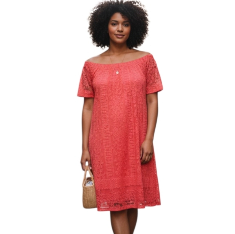 AUW CORAL LACE OFF-THE-SHOULDER DRESS SZ.14 EUC.